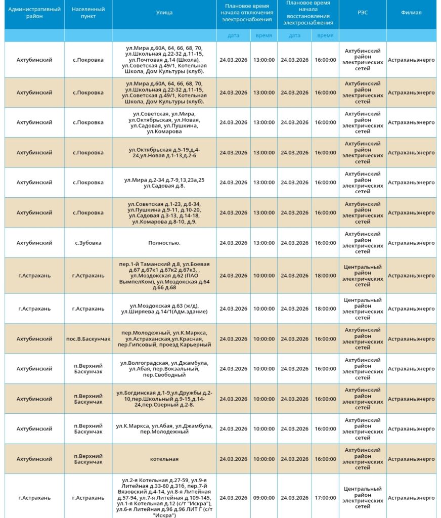 24 марта многие астраханцы останутся без света — фото 1