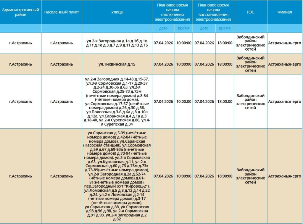 7 апреля света не будет в Астрахани и пяти районах области