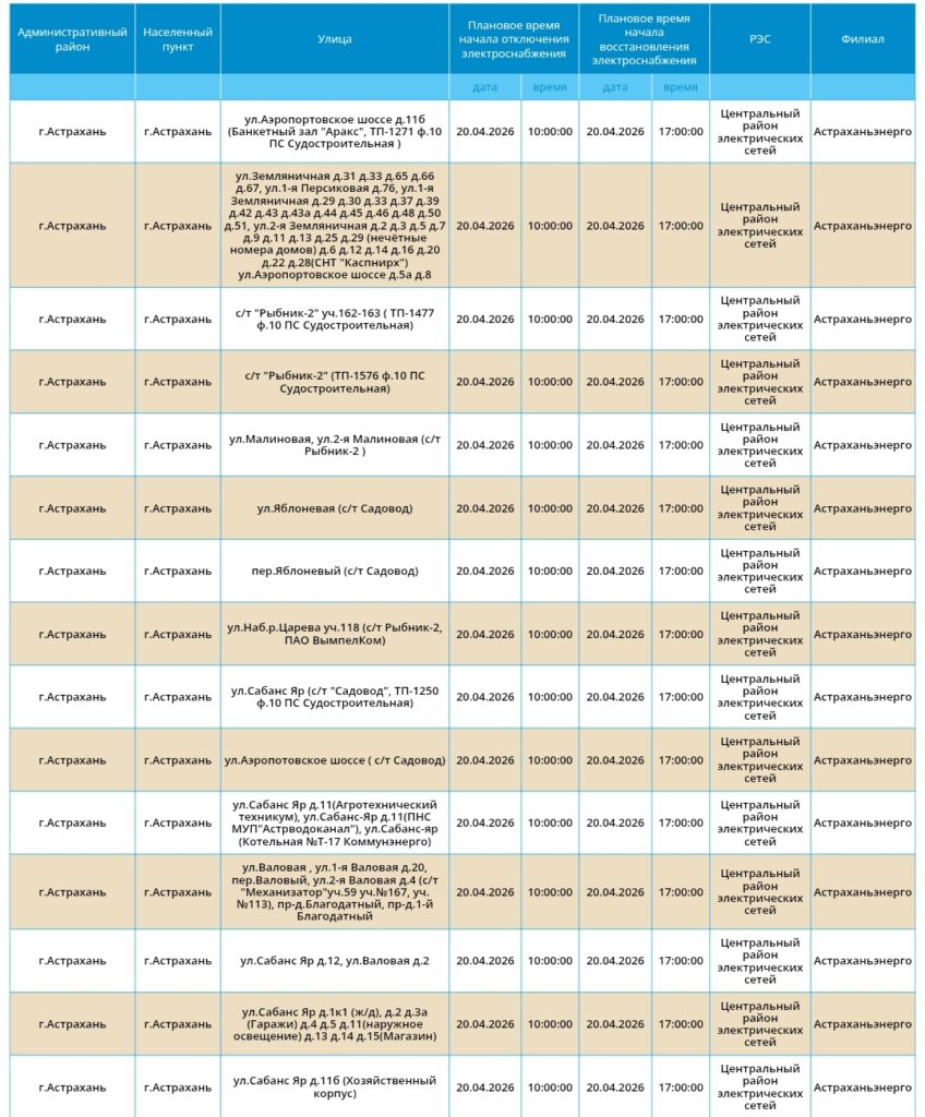 20 апреля жители Астрахани и двух районов области останутся без света 20 апреля жители Астрахани и двух районов области останутся без света