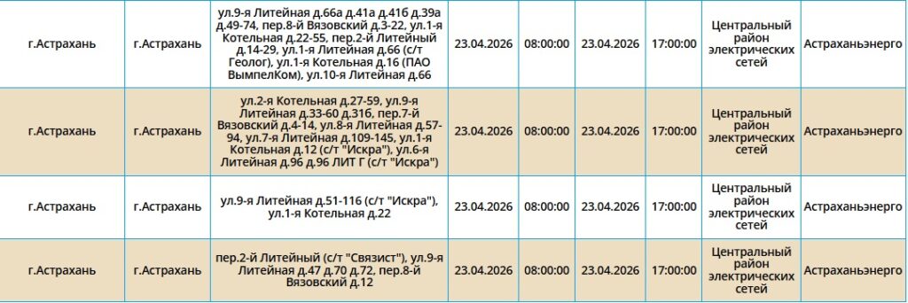 23 апреля без света останутся жители Астрахани и двух районов области