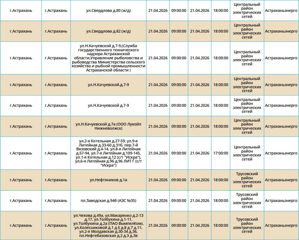 21 апреля без света останутся астраханские жилые дома, магазины и заправка 21 апреля без света останутся астраханские жилые дома, магазины и заправка