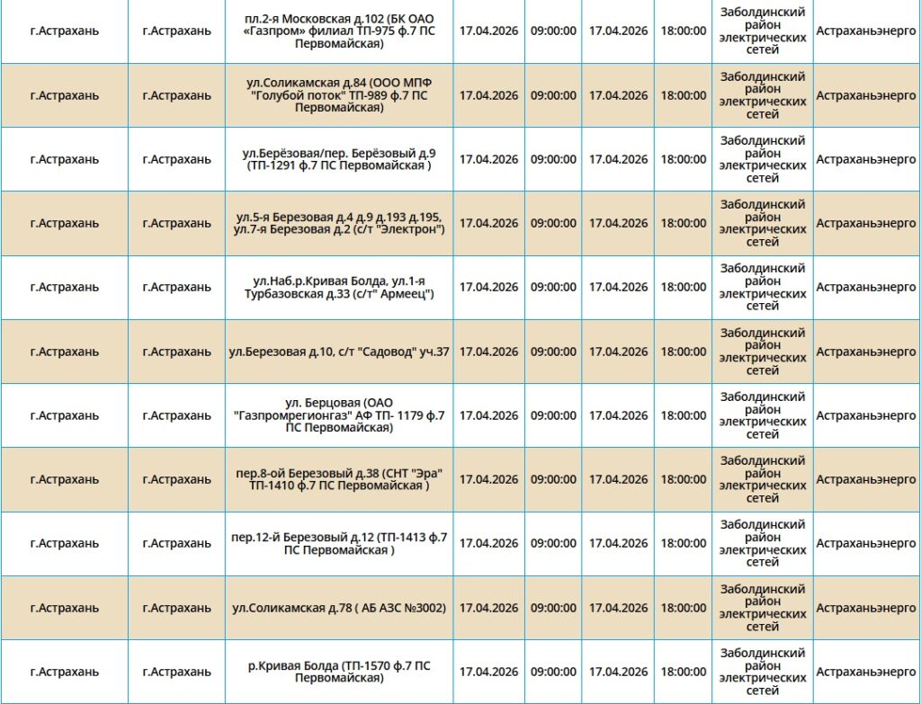 17 апреля без света останутся астраханские жилые дома, магазины и заправка