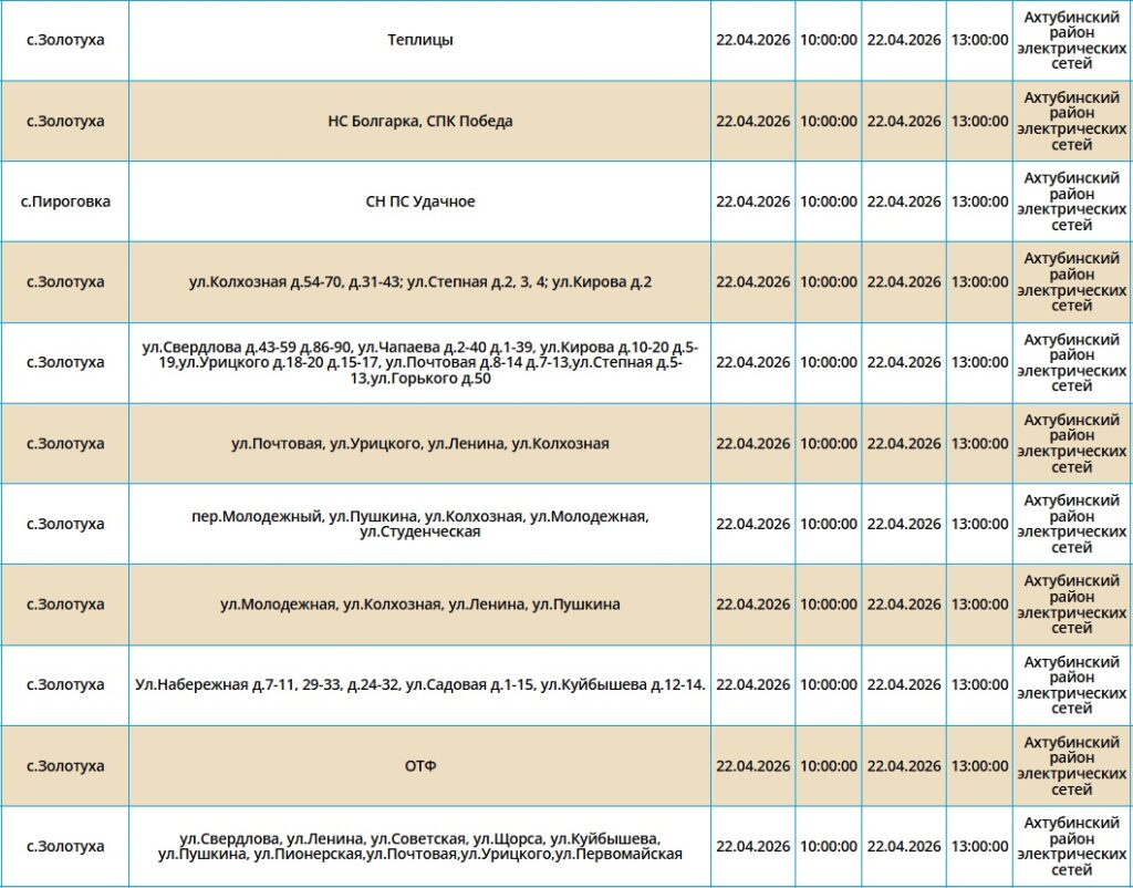 22 апреля десятки астраханских жилых домов останутся без света