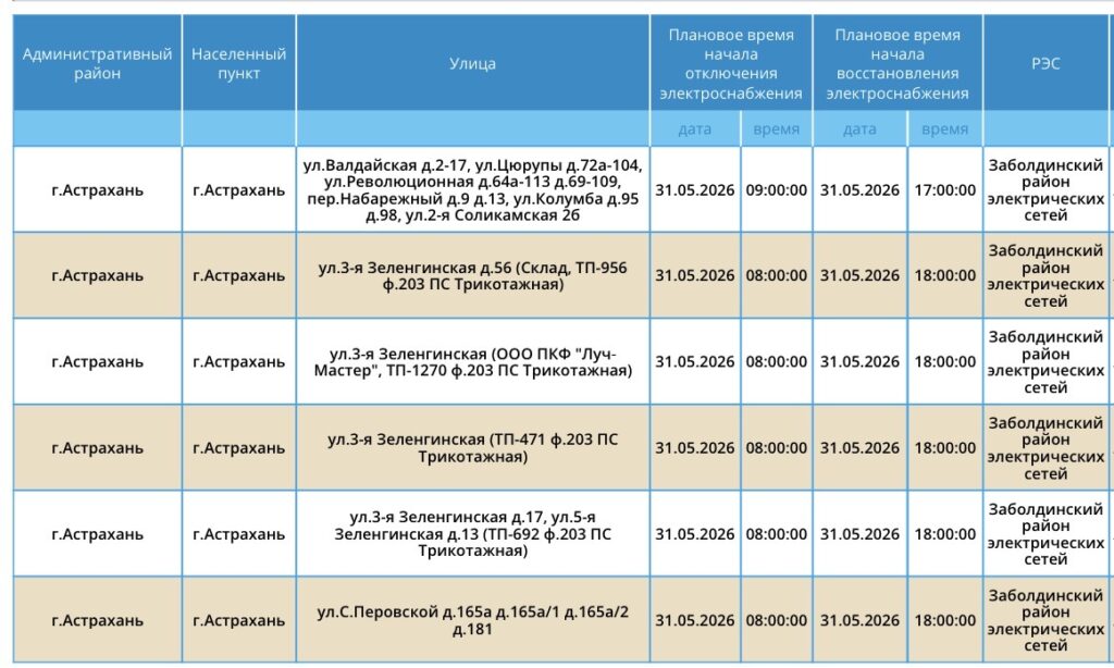 31 мая некоторые астраханцы останутся без света