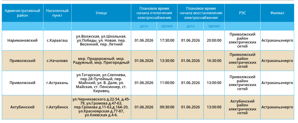 1 июня без света останутся жители трех районов Астраханской области