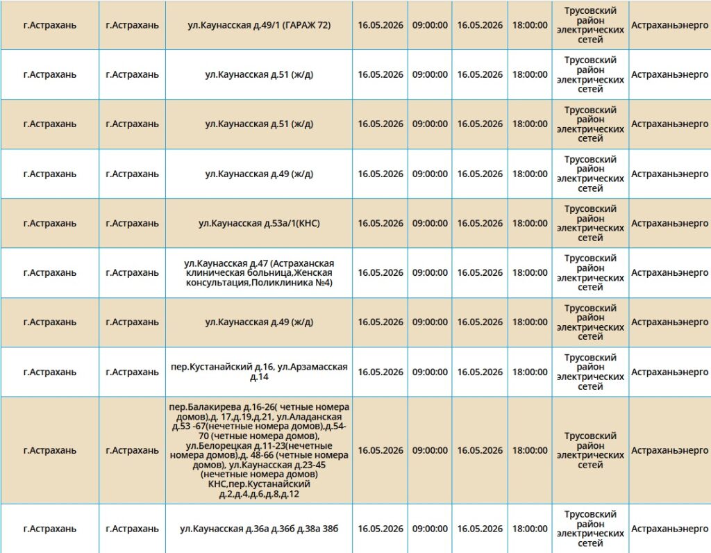 16 мая десятки астраханских жилых домов останутся без света
