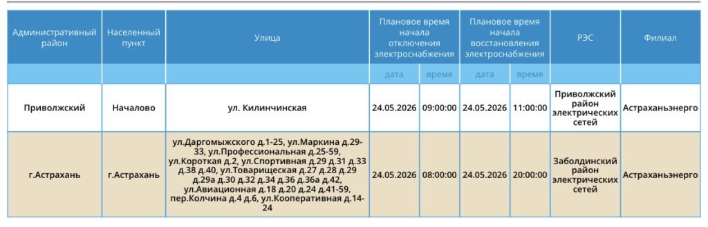 24 мая десятки астраханских улиц останутся без света