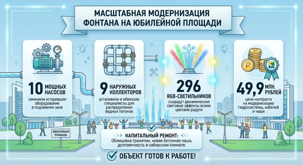 В Нефтеюганске после шести лет простоя оживает главный фонтан на Юбилейной площади: рассказываем детали мега-ремонта