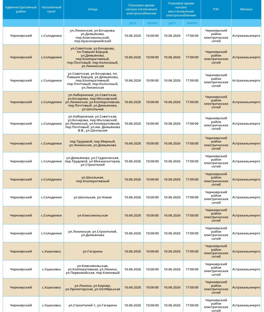 10 июня света не будет в Астрахани и трех районах области