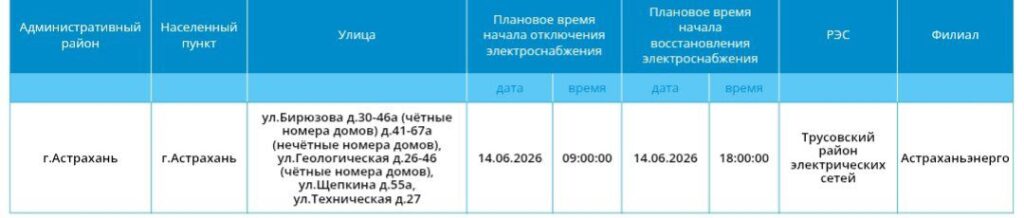 14 июня некоторые астраханцы останутся без света 14 июня некоторые астраханцы останутся без света