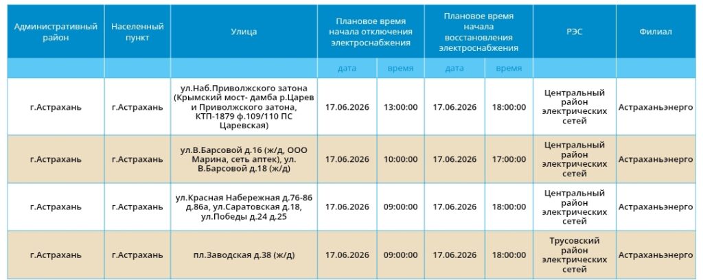 16 июня некоторые астраханцы останутся без света