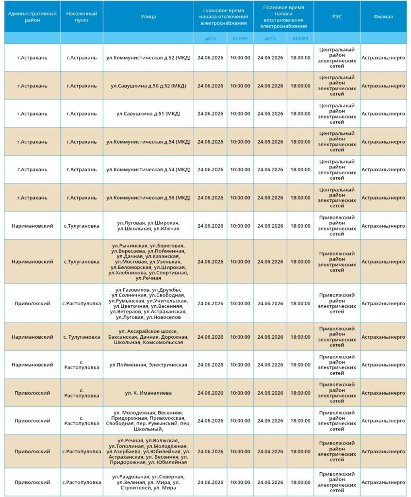 24 июня света не будет в Астрахани и шести районах области