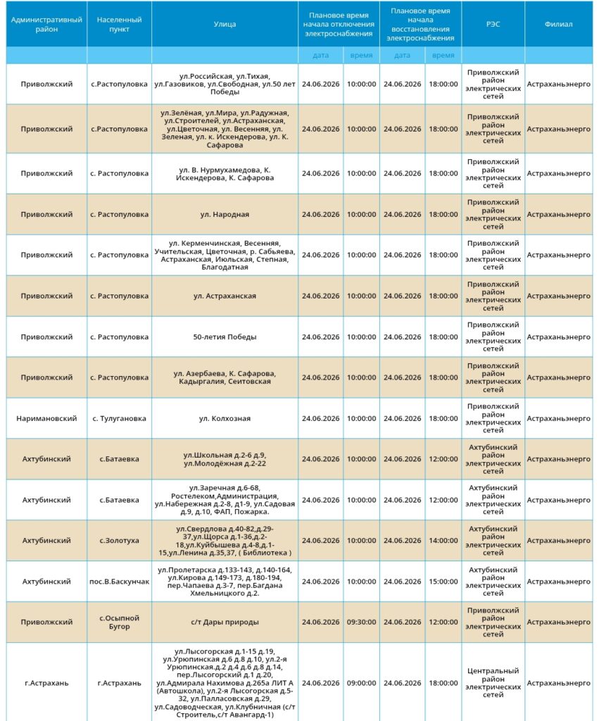 24 июня света не будет в Астрахани и шести районах области