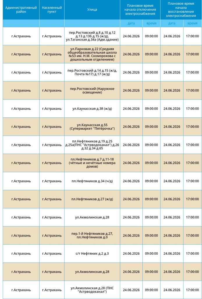 24 июня света не будет в Астрахани и шести районах области