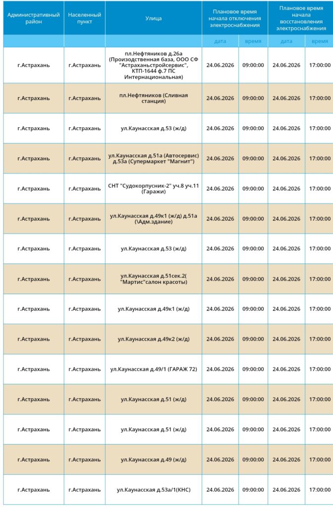 24 июня света не будет в Астрахани и шести районах области