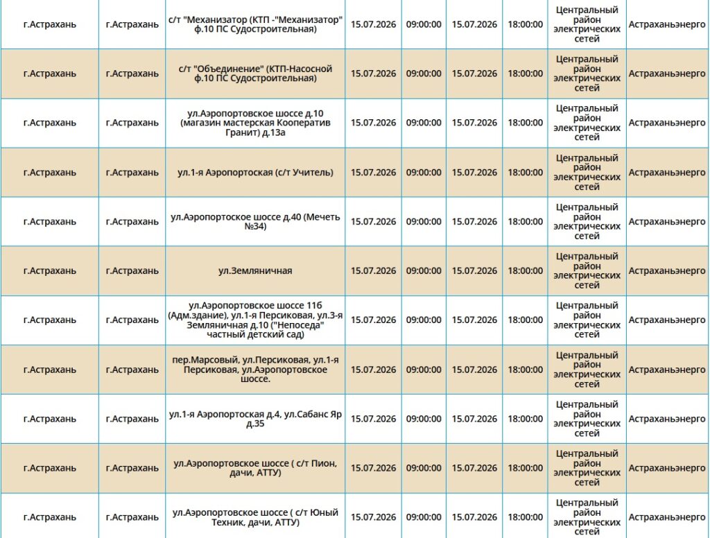 15 июля света не будет в Астрахани и трех районах области