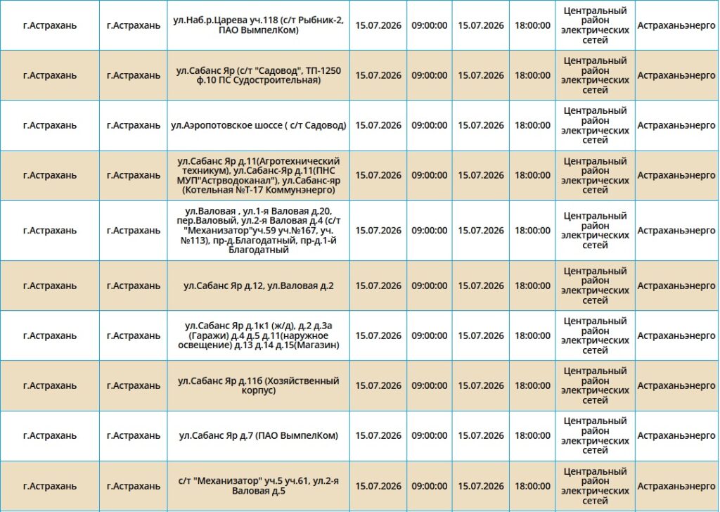 15 июля света не будет в Астрахани и трех районах области