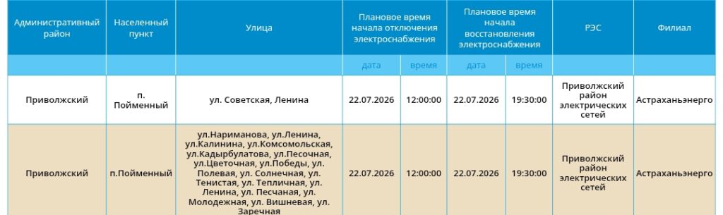 22 июля света не будет в Астрахани и трех районах области