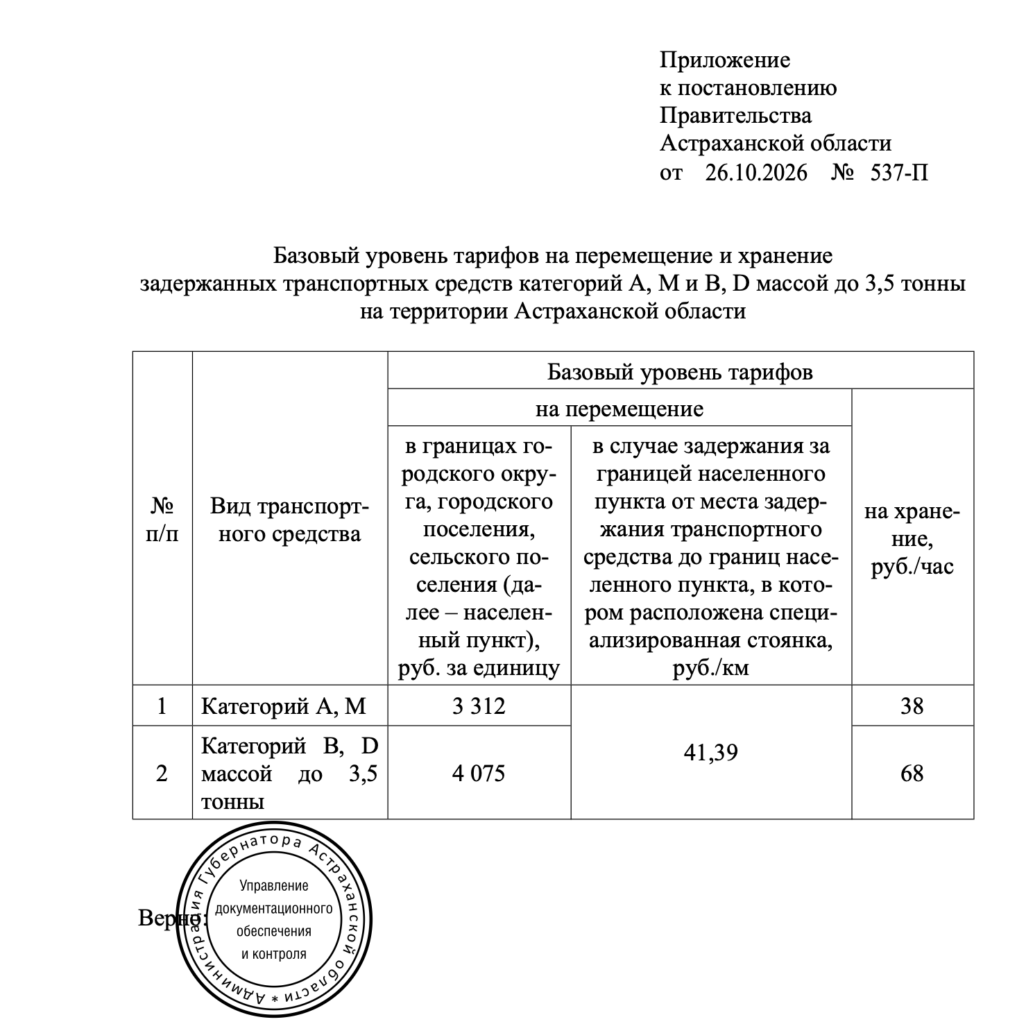 В Астраханской области определили базовые цены на эвакуацию машин в 2027 году — фото 1
